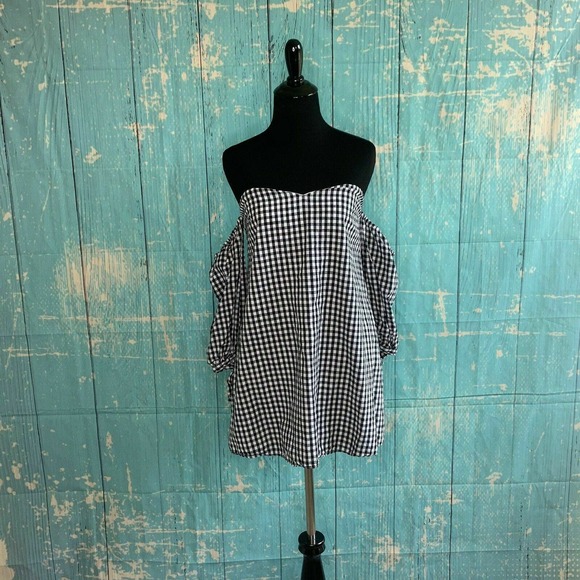 Honey Belle Black White Gingham Print Off Shoulders Top Blouse Size M - Picture 6 of 8
